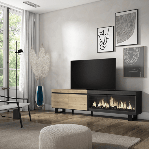 Móvel de TV, Muito espaço de arrumação, 208x35x57cm, Para televisores até 80, Lareira eléctrica XXL, Design industrial, Estilo moderno, Carvalho e preto
