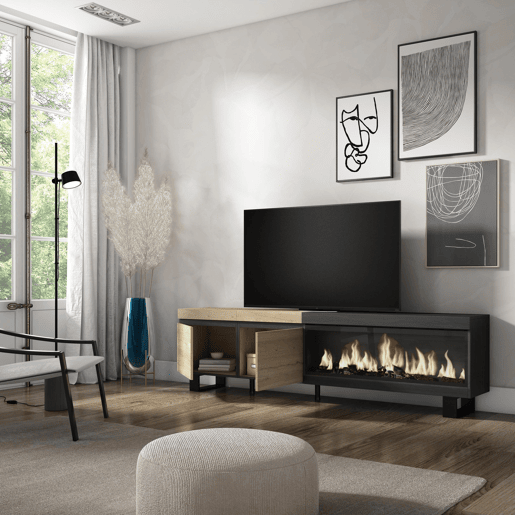 Móvel de TV, Muito espaço de arrumação, 208x35x57cm, Para televisores até 80, Lareira eléctrica XXL, Design industrial, Estilo moderno, Carvalho e preto