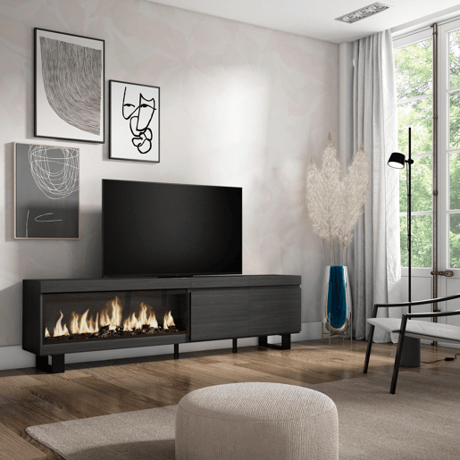 Móvel de TV, Muito espaço de arrumação, 208x35x57cm, Para televisores até 80, Lareira eléctrica XXL, Design industrial, Estilo moderno, Preto