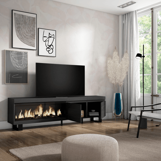Móvel de TV, Muito espaço de arrumação, 208x35x57cm, Para televisores até 80, Lareira eléctrica XXL, Design industrial, Estilo moderno, Preto