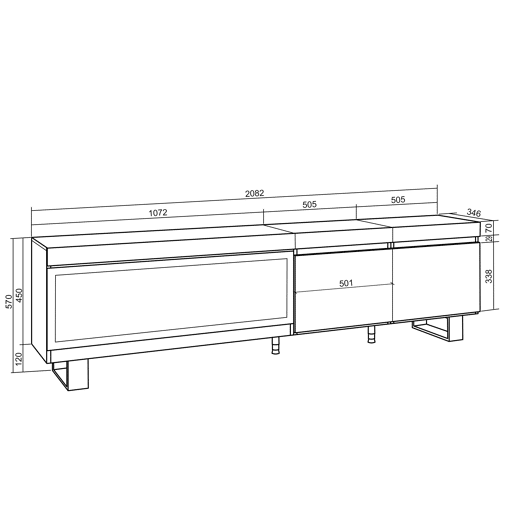 Móvel de TV, Muito espaço de arrumação, 208x35x57cm, Para televisores até 80, Lareira eléctrica XXL, Design industrial, Estilo moderno, Preto