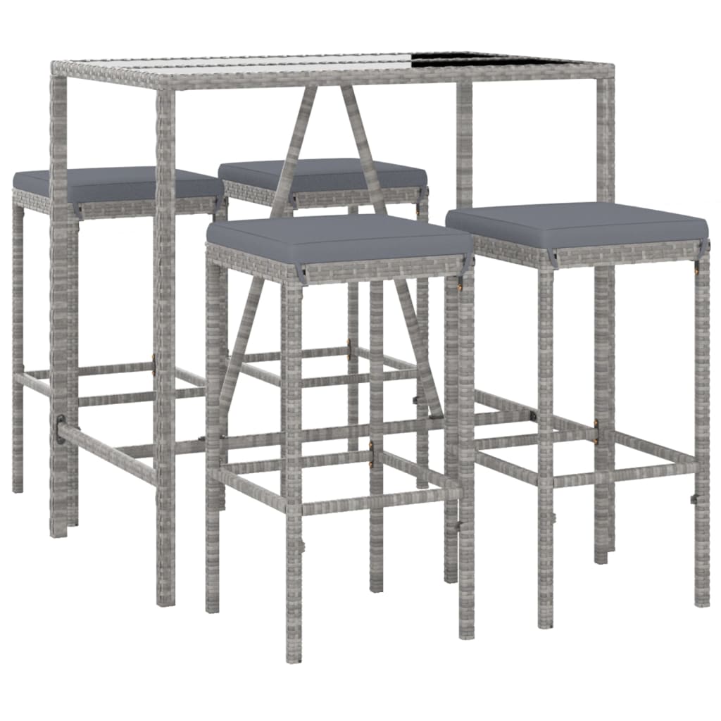 Mesa y taburetes altos jardin 5 piezas y cojines ratán pe gris longitud mesa 110 cm