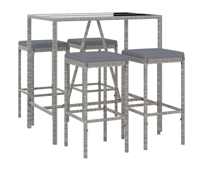 Mesa y taburetes altos jardin 5 piezas y cojines ratán pe gris longitud mesa 110 cm