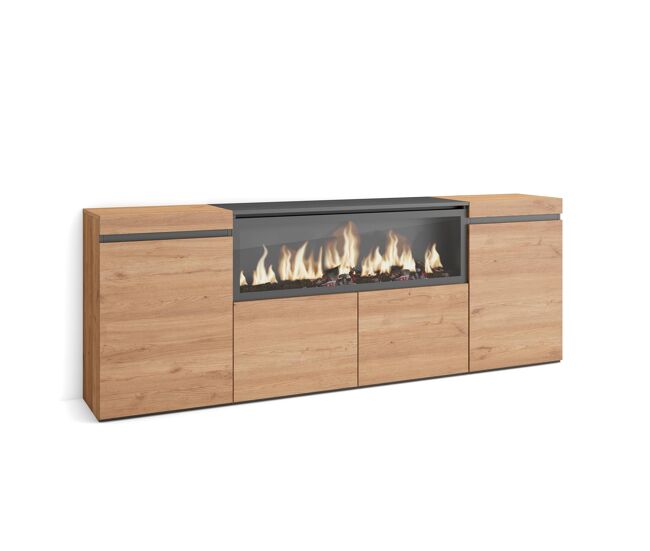 Aparador para salón, gran capacidad de almacenaje, 208x35x75cm, 4 puertas, chimenea eléctrica xxl, estilo moderno, roble