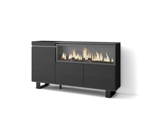 Aparador para salón, gran capacidad de almacenaje, 158x35x87cm, 3 puertas, chimenea eléctrica xxl, diseño industrial, estilo moderno, negro