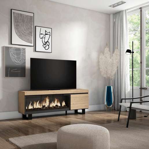 Móvel de TV, Muito espaço de arrumação, 158x35x57cm, Para televisores até 65, Lareira eléctrica XXL, Design industrial, Estilo moderno, Carvalho Móvel de TV, Muito espaço de arrumação, 158x35x57cm, Para televisores até 65, Lareira eléctrica XXL, Design industrial, Estilo moderno, Carvalho