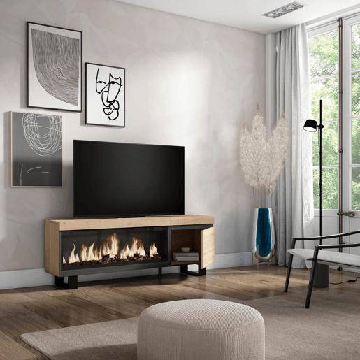 Móvel de TV, Muito espaço de arrumação, 158x35x57cm, Para televisores até 65, Lareira eléctrica XXL, Design industrial, Estilo moderno, Carvalho Móvel de TV, Muito espaço de arrumação, 158x35x57cm, Para televisores até 65, Lareira eléctrica XXL, Design industrial, Estilo moderno, Carvalho