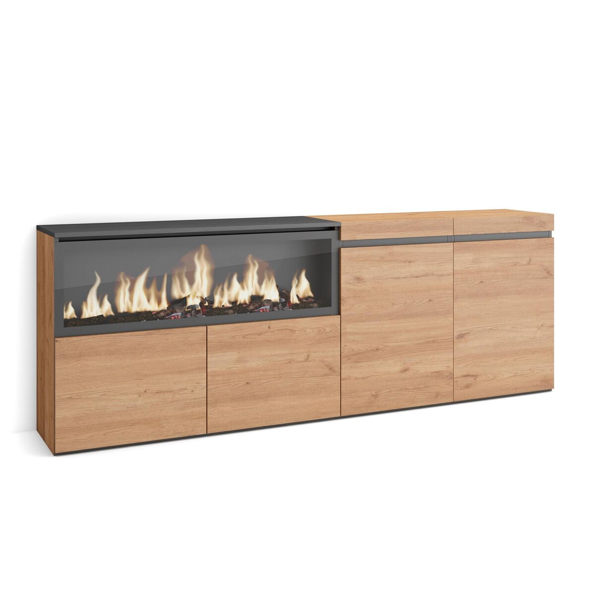 Aparador para salón, gran capacidad de almacenaje, 208x35x75cm, 4 puertas, chimenea eléctrica xxl, estilo moderno, roble