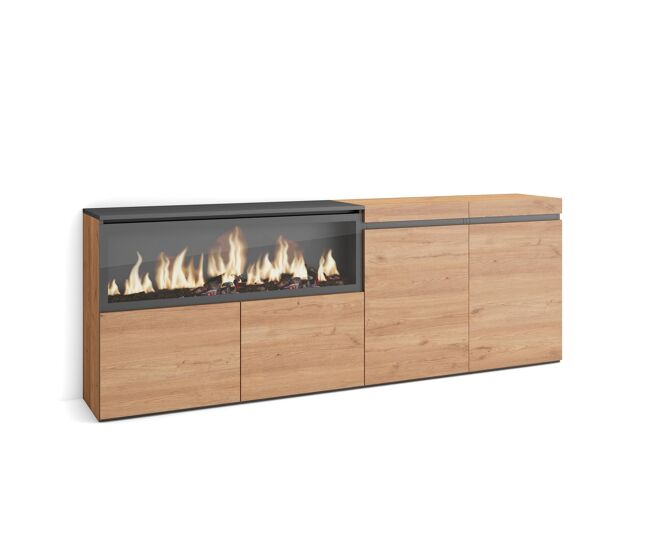 Aparador para salón, gran capacidad de almacenaje, 208x35x75cm, 4 puertas, chimenea eléctrica xxl, estilo moderno, roble