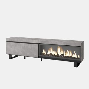Móvel de TV, Muito espaço de arrumação, 208x35x57cm, Para televisores até 80, Lareira eléctrica XXL, Design industrial, Estilo moderno, Cimento