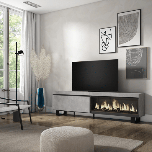 Móvel de TV, Muito espaço de arrumação, 208x35x57cm, Para televisores até 80, Lareira eléctrica XXL, Design industrial, Estilo moderno, Cimento
