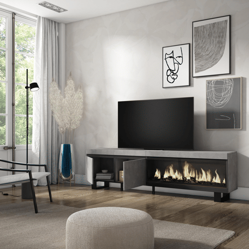 Móvel de TV, Muito espaço de arrumação, 208x35x57cm, Para televisores até 80, Lareira eléctrica XXL, Design industrial, Estilo moderno, Cimento