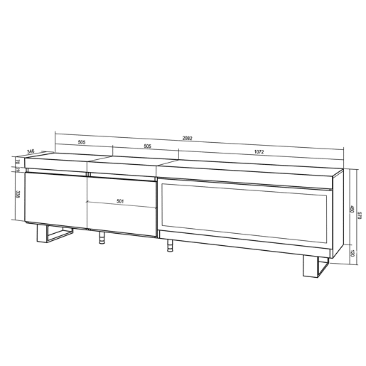 Móvel de TV, Muito espaço de arrumação, 208x35x57cm, Para televisores até 80, Lareira eléctrica XXL, Design industrial, Estilo moderno, Cimento