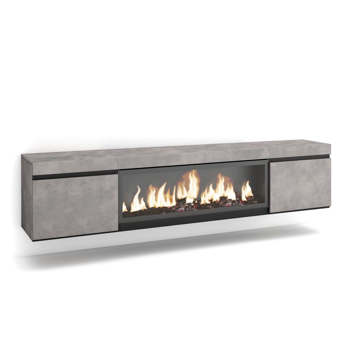 Mueble tv, televisión, muebles de salón, almacenaje, 208x35x45cm, para tv hasta 80", chimenea eléctrica xxl, colgado, suspendido, estilo moderno, cemento