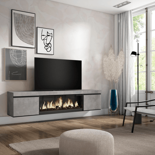 Móvel de TV, Muito espaço de arrumação, 208x35x45cm, Para televisores até 80, Lareira eléctrica XXL, Suspensos, Estilo moderno, Cimento