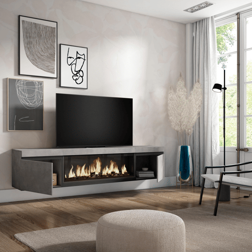 Móvel de TV, Muito espaço de arrumação, 208x35x45cm, Para televisores até 80, Lareira eléctrica XXL, Suspensos, Estilo moderno, Cimento