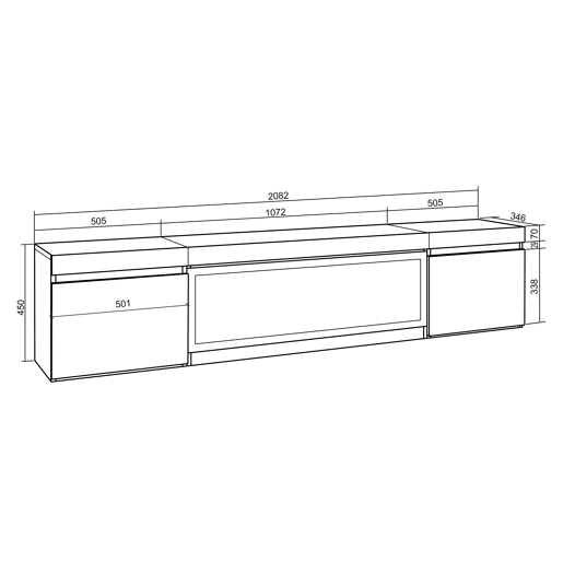 Móvel de TV, Muito espaço de arrumação, 208x35x45cm, Para televisores até 80, Lareira eléctrica XXL, Suspensos, Estilo moderno, Cimento