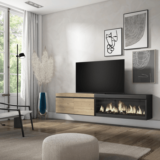 Móvel de TV, Muito espaço de arrumação, 208x35x45cm, Para televisores até 80, Lareira eléctrica XXL, Suspensos, Estilo moderno, Carvalho e preto