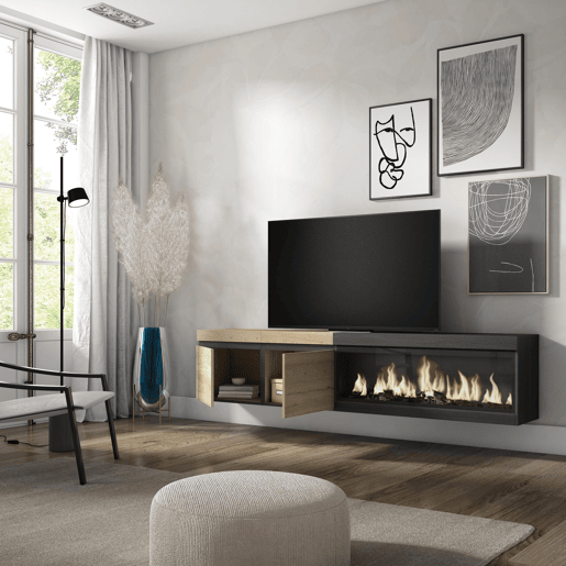 Móvel de TV, Muito espaço de arrumação, 208x35x45cm, Para televisores até 80, Lareira eléctrica XXL, Suspensos, Estilo moderno, Carvalho e preto