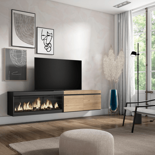 Móvel de TV, Muito espaço de arrumação, 208x35x45cm, Para televisores até 80, Lareira eléctrica XXL, Suspensos, Estilo moderno, Carvalho e preto