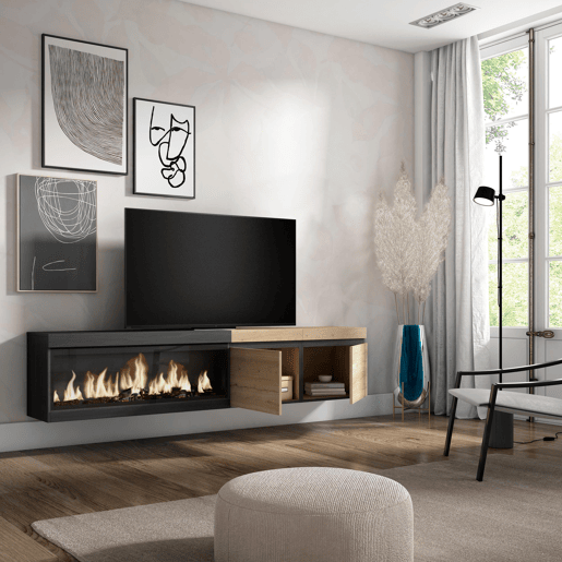 Móvel de TV, Muito espaço de arrumação, 208x35x45cm, Para televisores até 80, Lareira eléctrica XXL, Suspensos, Estilo moderno, Carvalho e preto