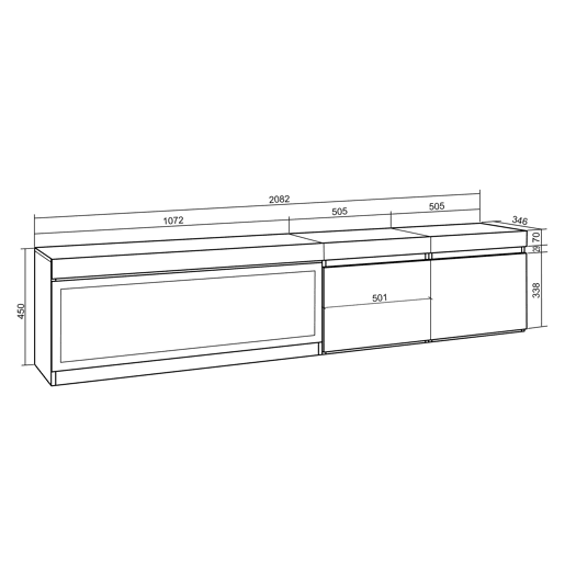 Móvel de TV, Muito espaço de arrumação, 208x35x45cm, Para televisores até 80, Lareira eléctrica XXL, Suspensos, Estilo moderno, Carvalho e preto