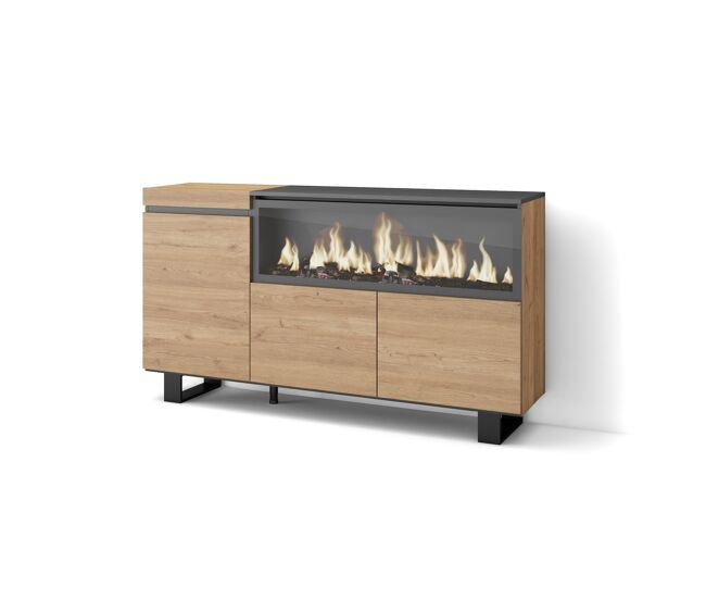 Aparador para salón, gran capacidad de almacenaje, 158x35x87cm, 3 puertas, chimenea eléctrica xxl, diseño industrial, estilo moderno, roble