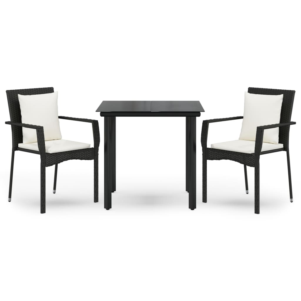 Set comedor de jardin 3 piezas con cojines ratán sintético negro longitud mesa 80 cm