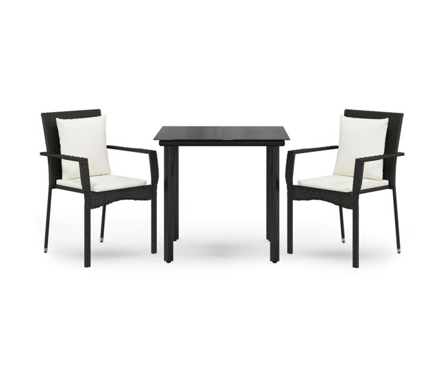 Set comedor de jardin 3 piezas con cojines ratán sintético negro longitud mesa 80 cm