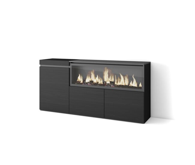 Aparador para salón, gran capacidad de almacenaje, 158x35x75cm, 3 puertas, chimenea eléctrica xxl, estilo moderno, negro