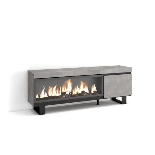 Móvel de TV, Muito espaço de arrumação, 158x35x57cm, Para televisores até 65, Lareira eléctrica XXL, Design industrial, Estilo moderno, Cimento