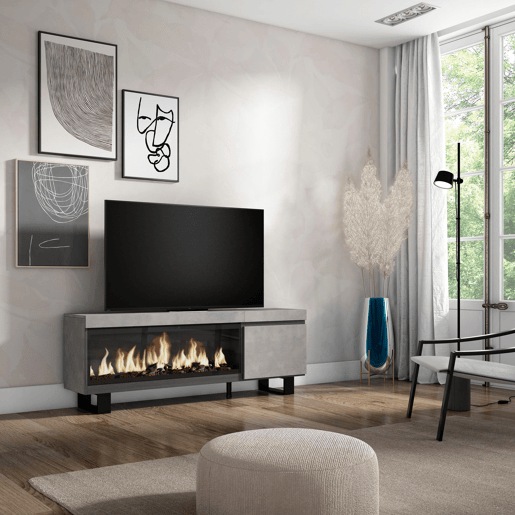 Móvel de TV, Muito espaço de arrumação, 158x35x57cm, Para televisores até 65, Lareira eléctrica XXL, Design industrial, Estilo moderno, Cimento