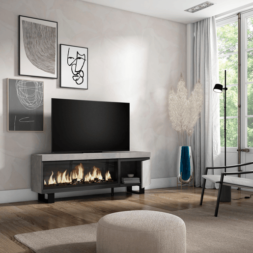 Móvel de TV, Muito espaço de arrumação, 158x35x57cm, Para televisores até 65, Lareira eléctrica XXL, Design industrial, Estilo moderno, Cimento