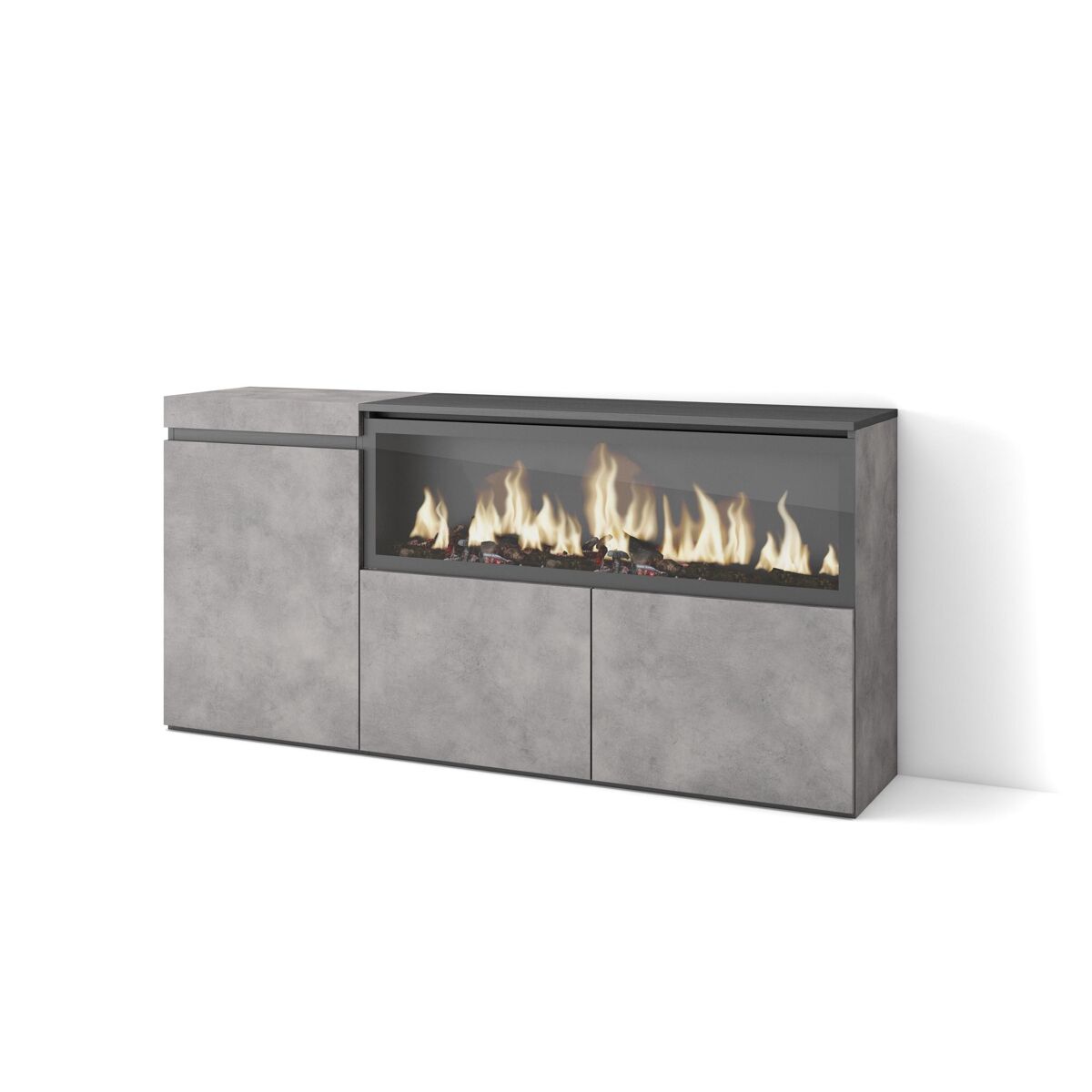 Aparador para salón, gran capacidad de almacenaje, 158x35x75cm, 3 puertas, chimenea eléctrica xxl, estilo moderno, cemento