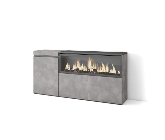 Aparador para salón, gran capacidad de almacenaje, 158x35x75cm, 3 puertas, chimenea eléctrica xxl, estilo moderno, cemento