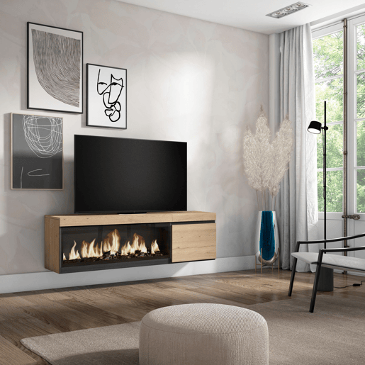 Móvel de TV, Muito espaço de arrumação, 158x35x45cm, Para televisores até 65, Lareira eléctrica XXL, Suspensos, Estilo moderno, Carvalho