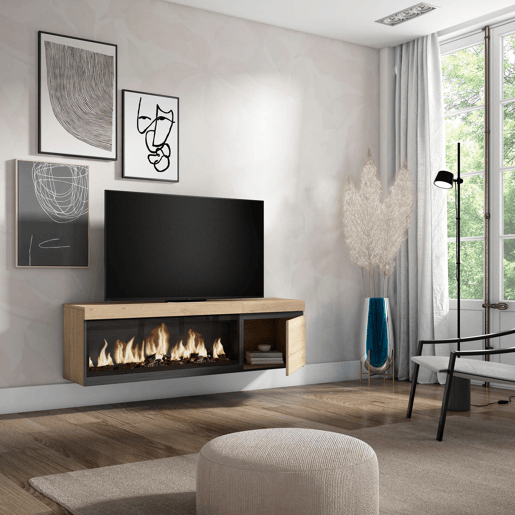 Móvel de TV, Muito espaço de arrumação, 158x35x45cm, Para televisores até 65, Lareira eléctrica XXL, Suspensos, Estilo moderno, Carvalho