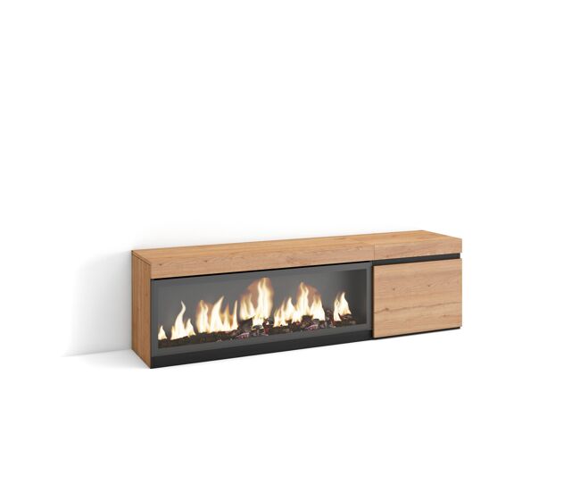 Mueble tv, televisión, muebles de salón, almacenaje, 158x35x45cm, para tv hasta 65", chimenea eléctrica xxl, estilo moderno, roble