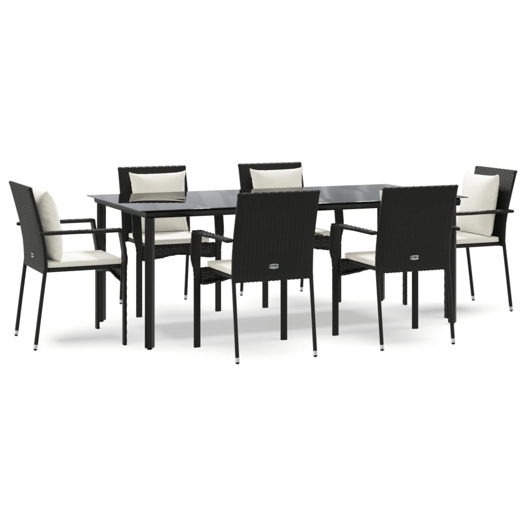 Set de comedor de jardin 7 piezas y cojines ratán sintético negro longitud mesa 200 cm