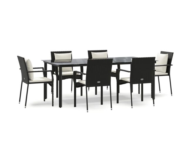 Set de comedor de jardin 7 piezas y cojines ratán sintético negro longitud mesa 200 cm