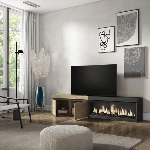 Móvel de TV, Muito espaço de arrumação, 208x35x45cm, Para televisores até 80, Lareira eléctrica XXL, Estilo moderno, Carvalho e preto