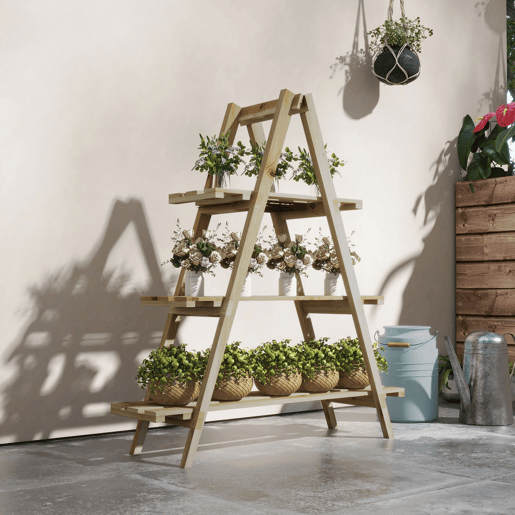 Outsunny Suporte de Madeira para Plantas Dobrável Estante Decorativo para Vasos de 3 Níveis com Estrutura em Forma de A para Jardim Pátio Varanda 100x36x112 cm Natural