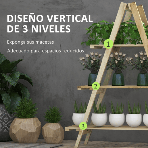 Outsunny Suporte de Madeira para Plantas Dobrável Estante Decorativo para Vasos de 3 Níveis com Estrutura em Forma de A para Jardim Pátio Varanda 100x36x112 cm Natural