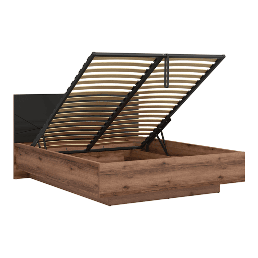 Cama baú Sven preto e madeira 160x200 com base ripas