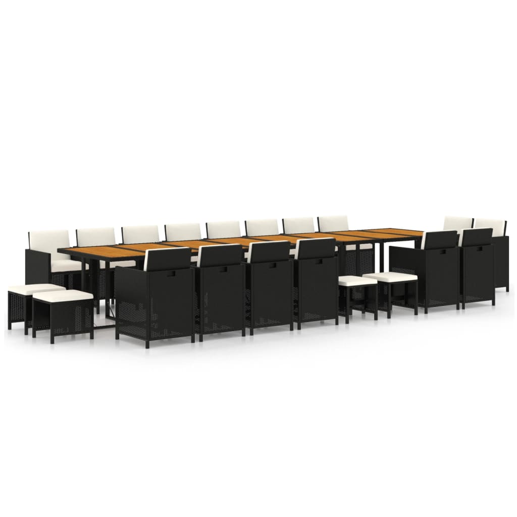 Set de comedor jardin 21 piezas con cojines ratán sintético negro con reposapies