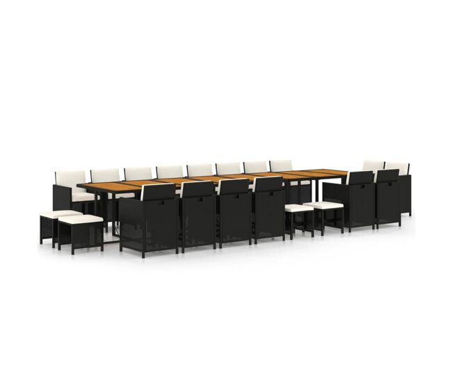 Set de comedor jardin 21 piezas con cojines ratán sintético negro con reposapies