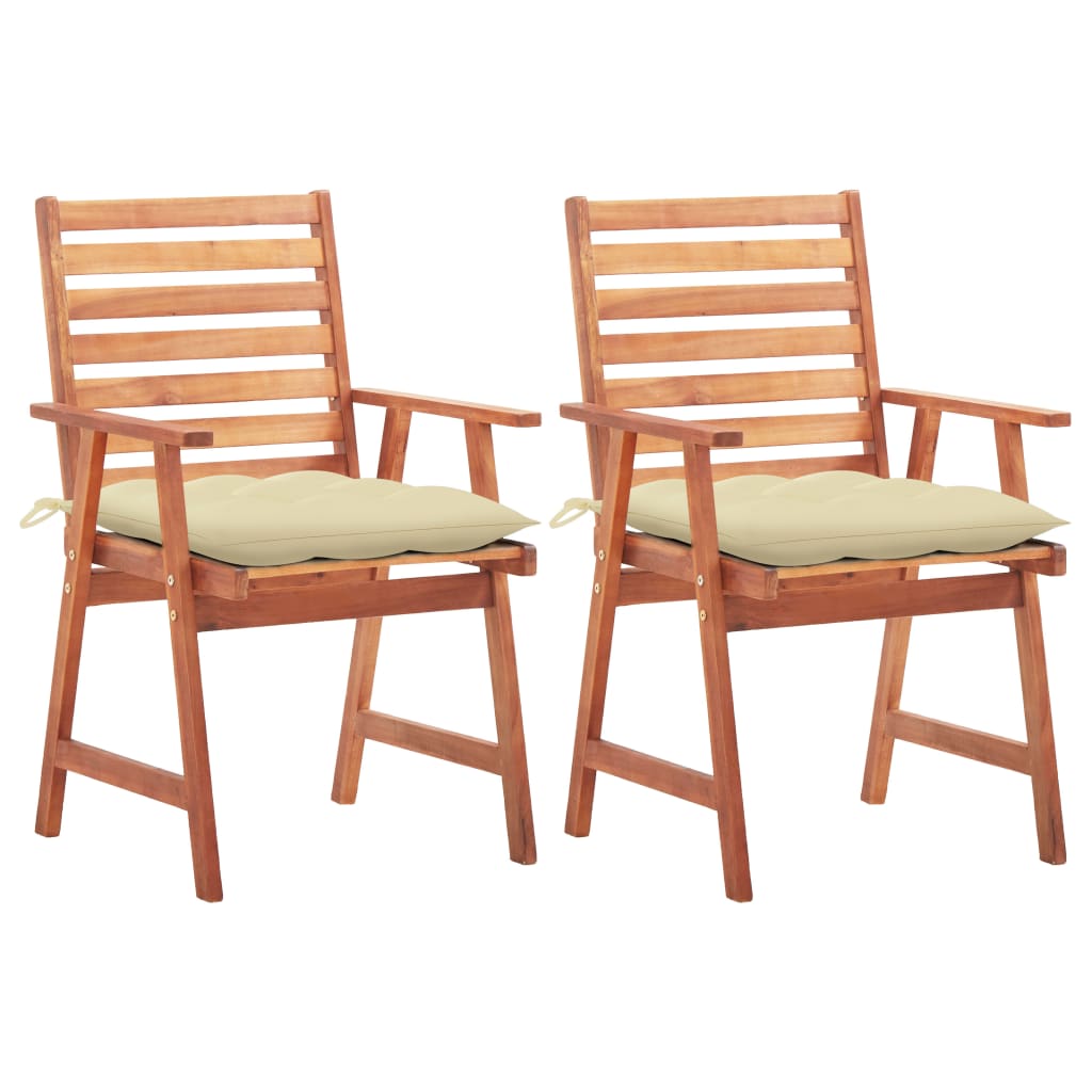 2 Sillas de comedor para jardín de madera con cojines Crema