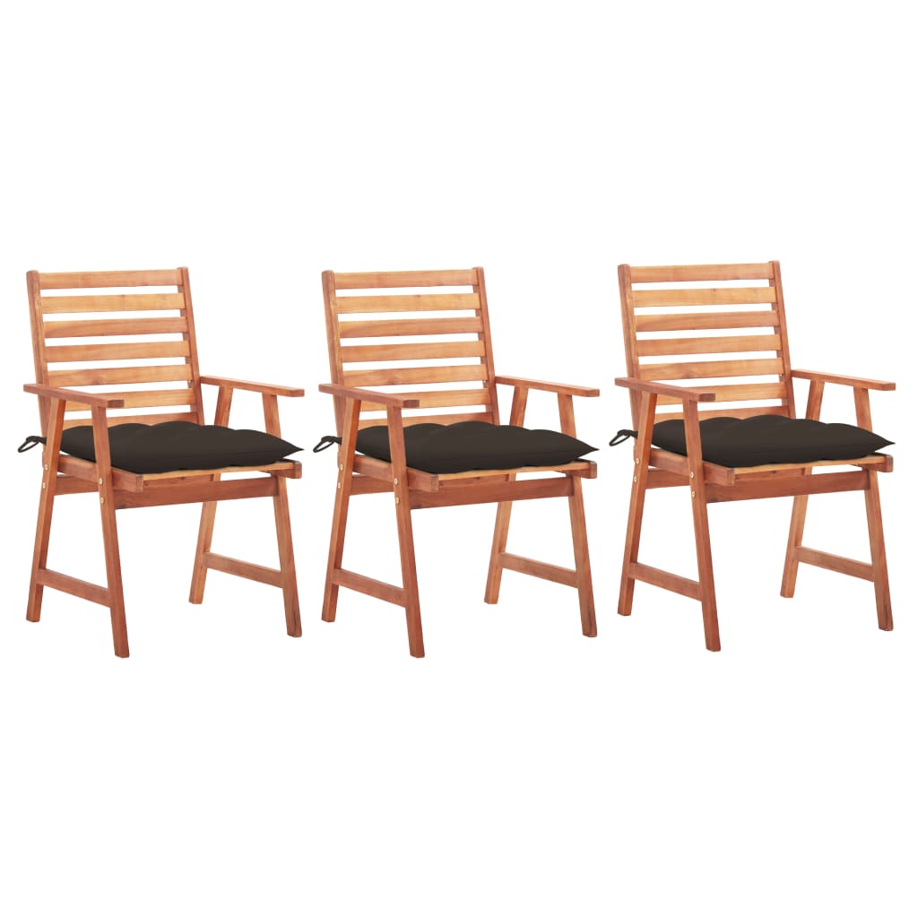 3 Sillas de comedor para jardín de madera con cojines Marrón