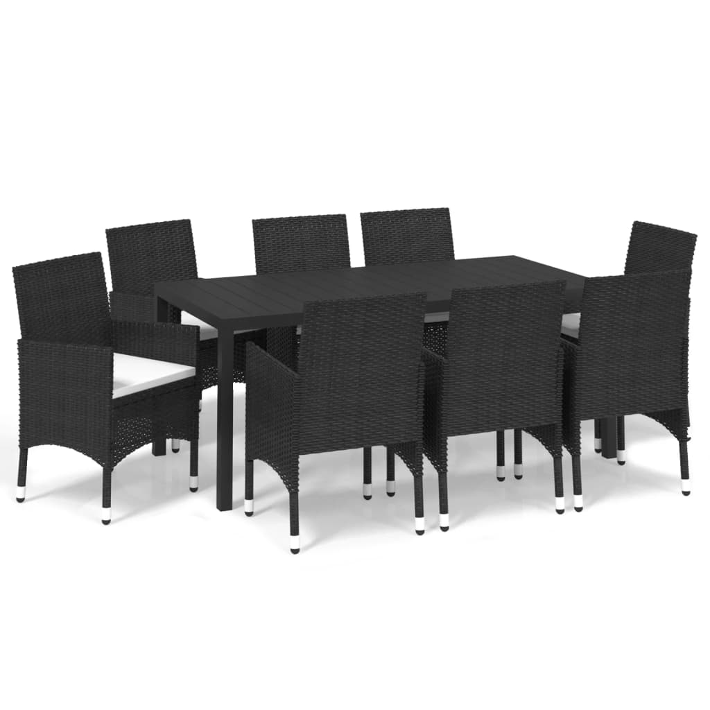 Set de muebles de jardin 9 piezas y cojines ratán sintético negro 185 cm table length