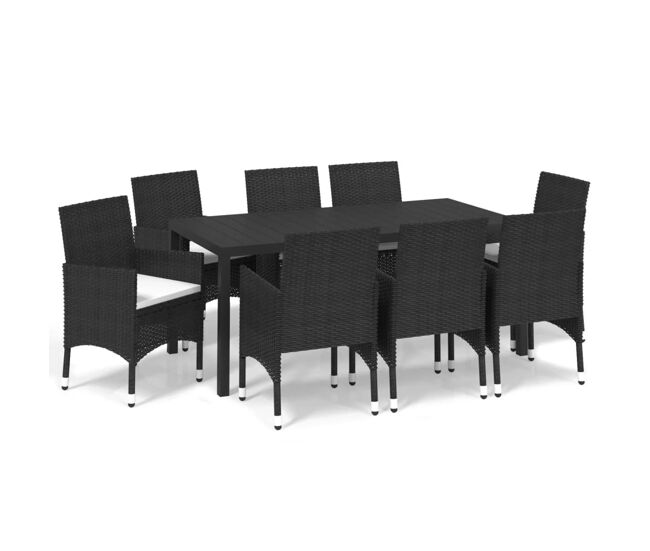 Set de muebles de jardin 9 piezas y cojines ratán sintético negro 185 cm table length